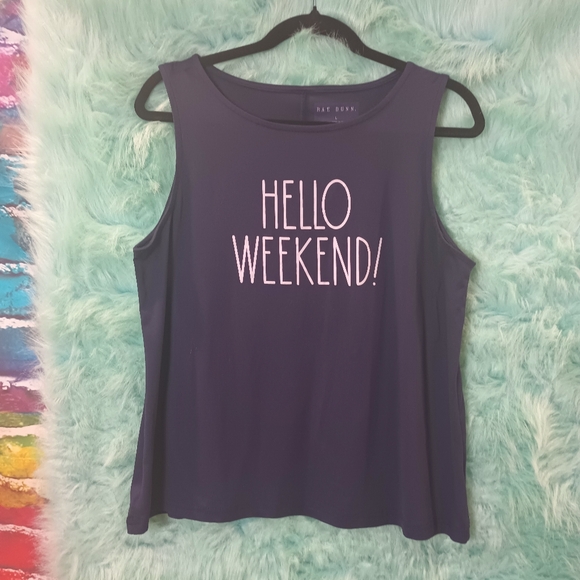 Ray Dunn Navy Blue Sleeveless Graphic Hello Weekend Tank Top Size L - Picture 3 of 6